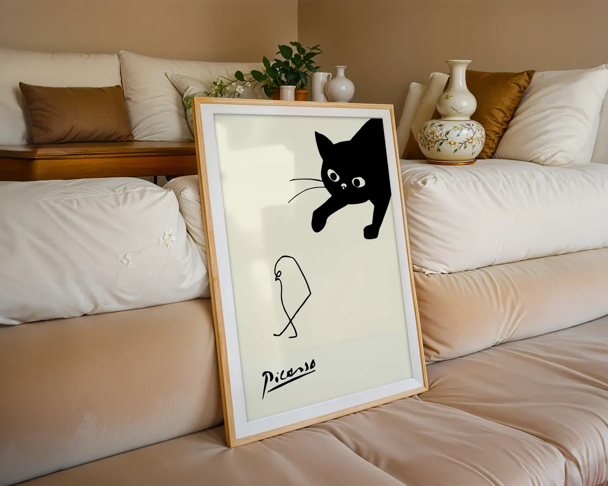 Cubist style poster of a cat and bird in fractured geometric forms with a bold colour palette. — photo 6