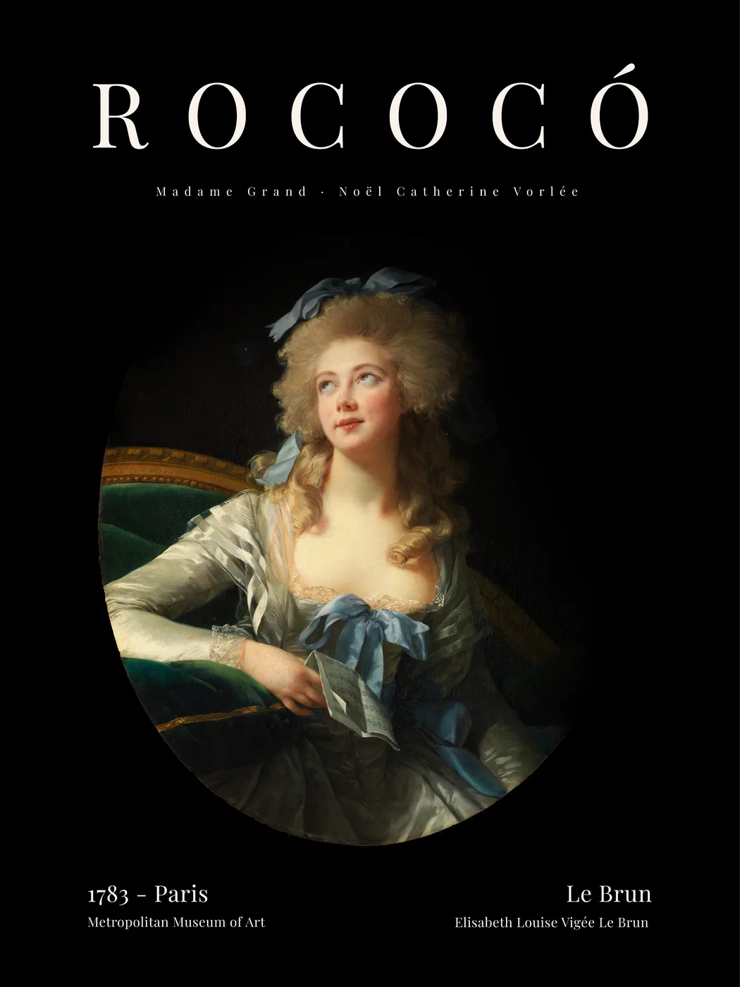 French Baroque style classical art poster with a grand theatrical portrait composition in rich warm tones and dramatic light.
