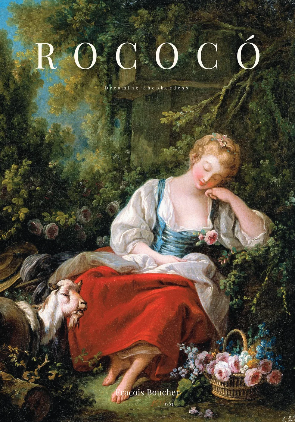 Rococo style 18th century French art poster with playful elegant composition in soft warm luminous colours.