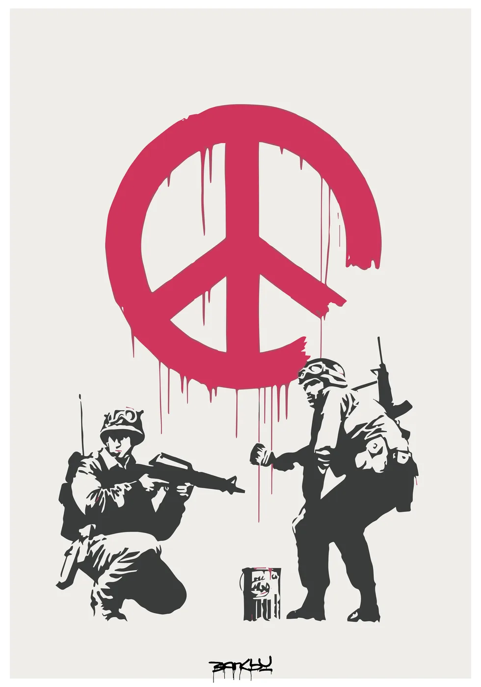 Peace campaign protest poster with soldiers and anti-war imagery in a bold political composition.