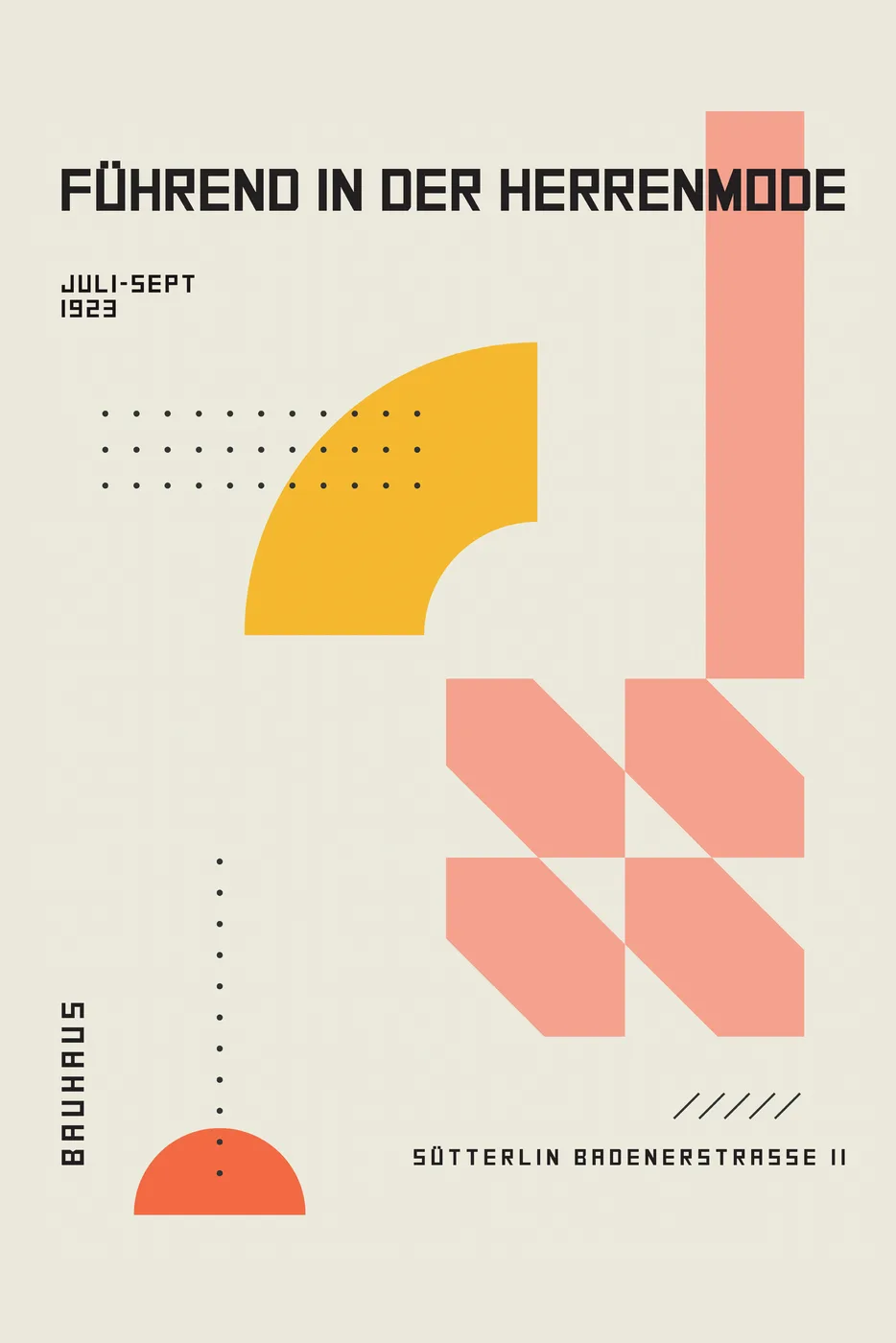 Bauhaus style geometric poster in warm yellow and pink with playful modernist shapes.