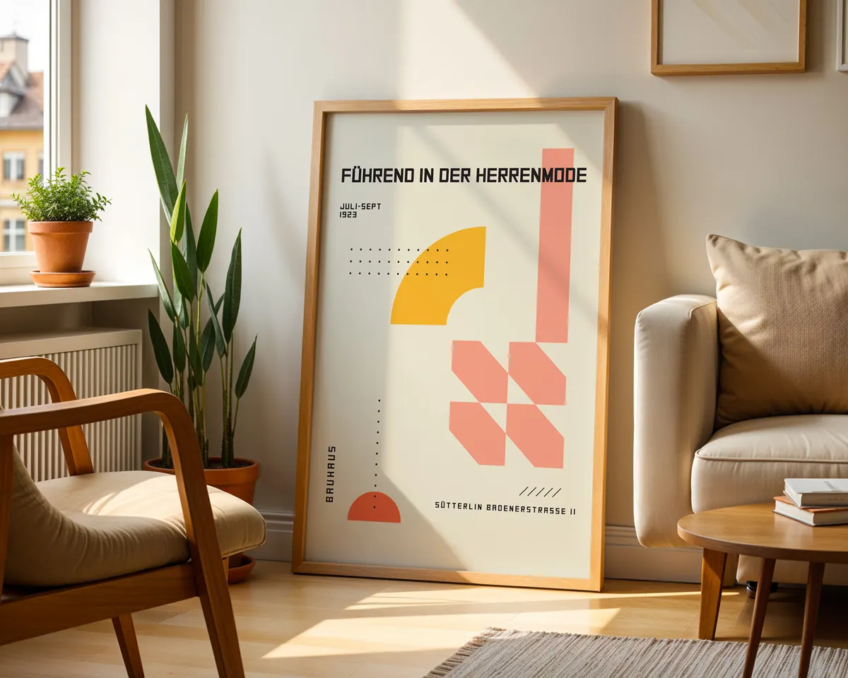 Bauhaus style geometric poster in warm yellow and pink with playful modernist shapes. — photo 2
