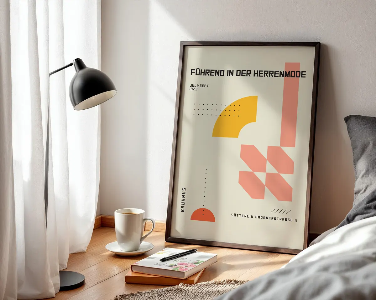 Bauhaus style geometric poster in warm yellow and pink with playful modernist shapes. — photo 3