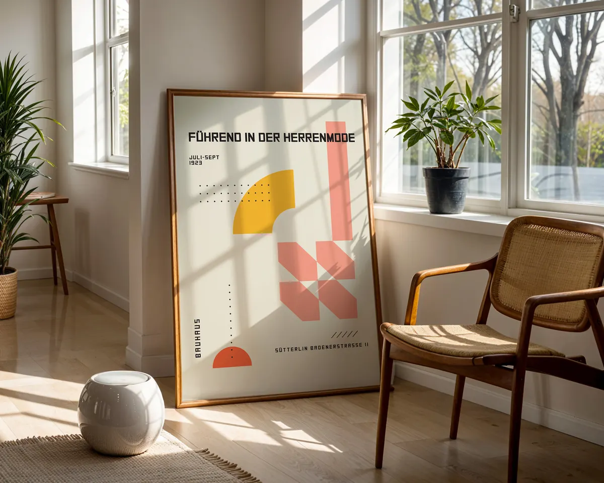 Bauhaus style geometric poster in warm yellow and pink with playful modernist shapes. — photo 5