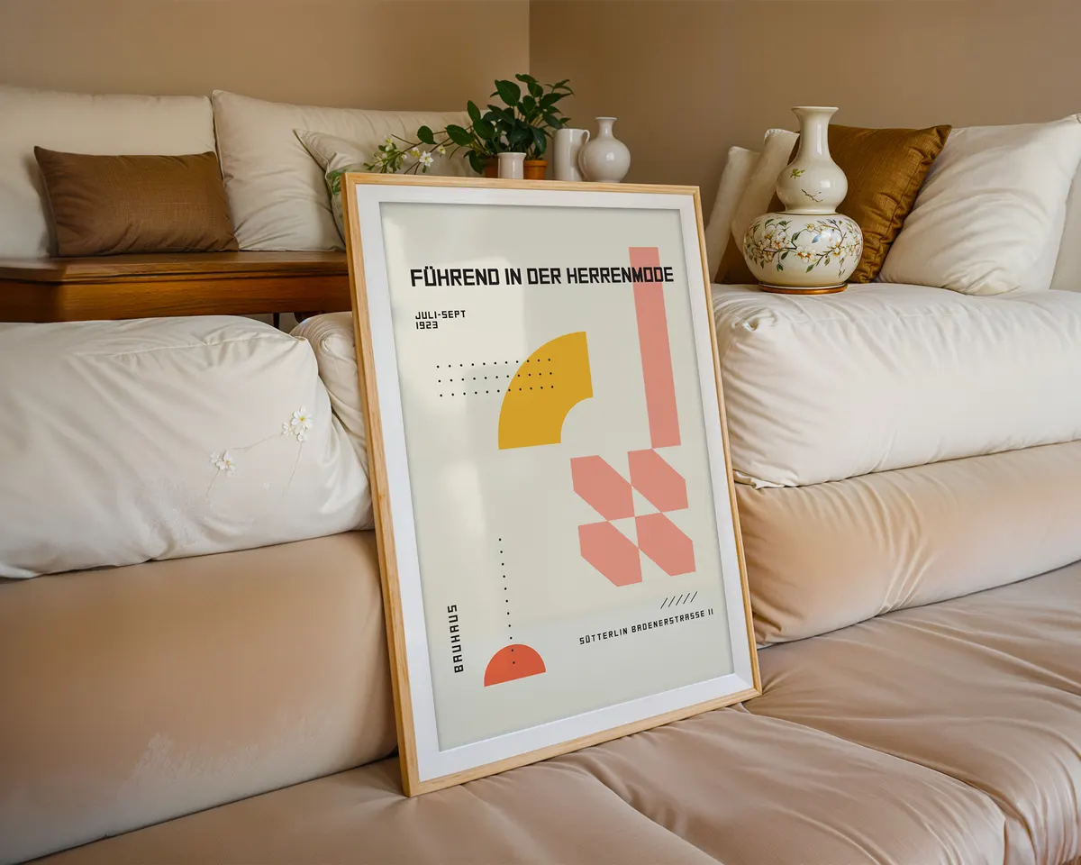 Bauhaus style geometric poster in warm yellow and pink with playful modernist shapes. — photo 6