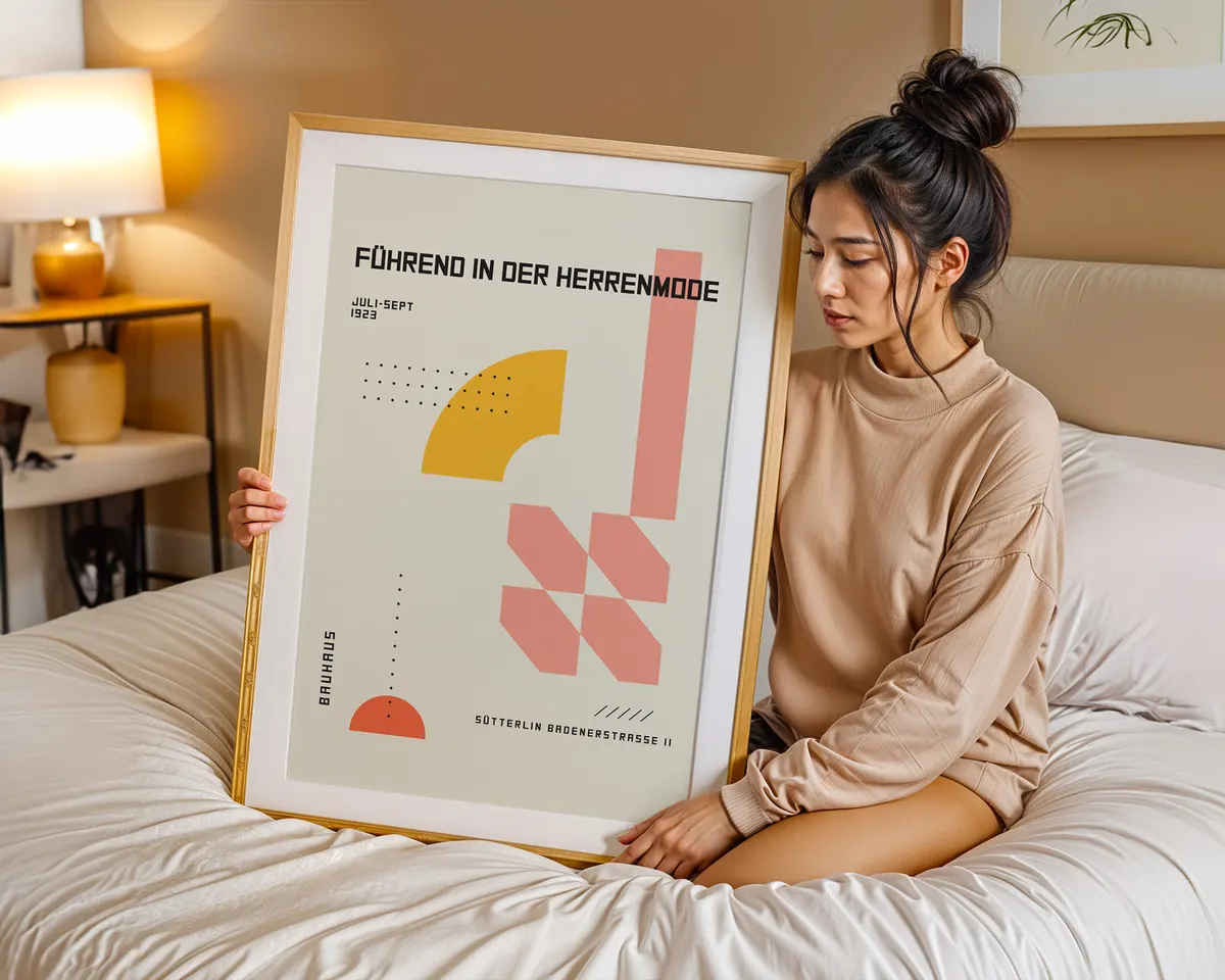 Bauhaus style geometric poster in warm yellow and pink with playful modernist shapes. — photo 7