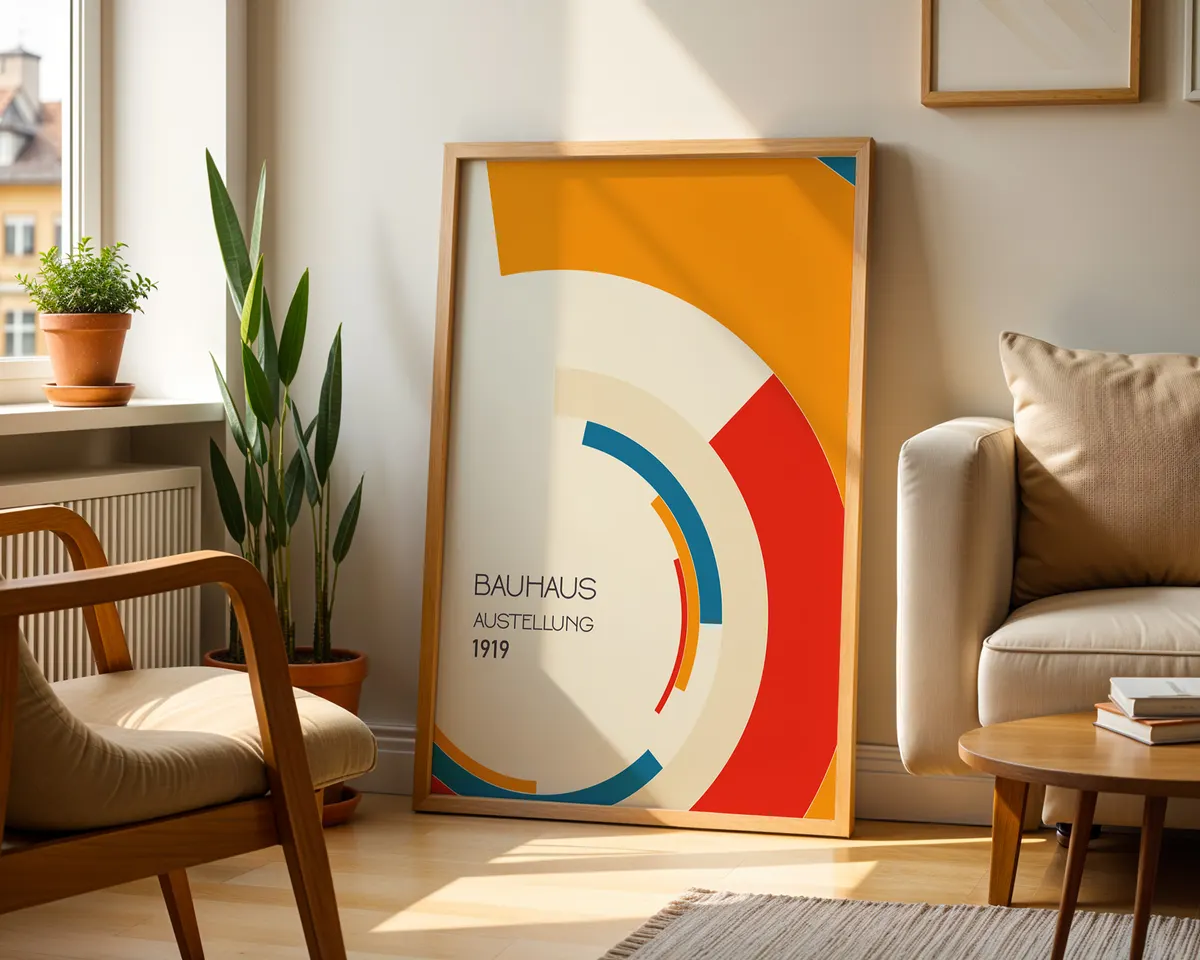 Vintage Bauhaus 1919 commemorative poster with clean geometric composition in a primary palette. — photo 2