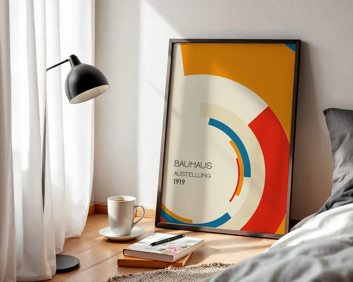 Vintage Bauhaus 1919 commemorative poster with clean geometric composition in a primary palette. — photo 3