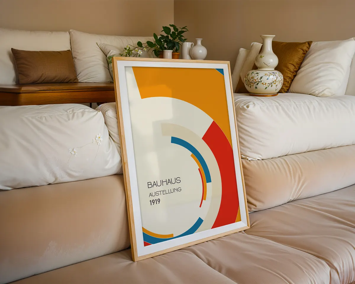 Vintage Bauhaus 1919 commemorative poster with clean geometric composition in a primary palette. — photo 6