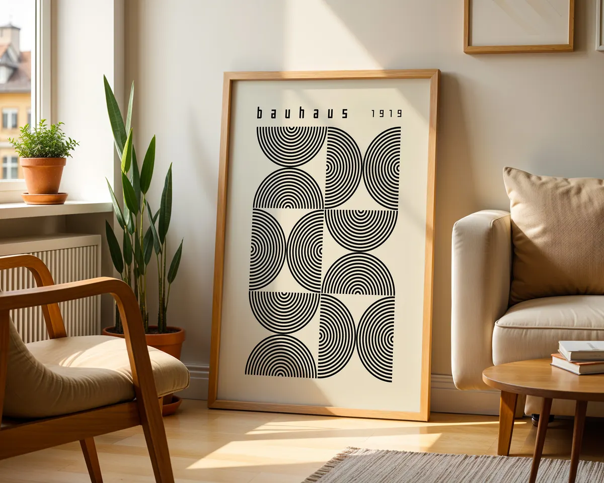 Minimalist Bauhaus poster with semicircle arch shapes in a clean precise geometric composition. — photo 2