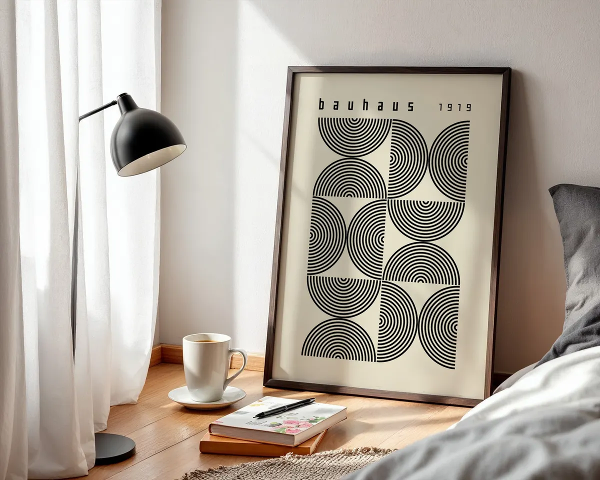 Minimalist Bauhaus poster with semicircle arch shapes in a clean precise geometric composition. — photo 3