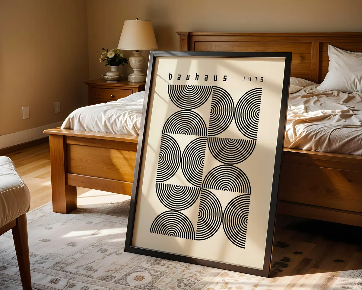 Minimalist Bauhaus poster with semicircle arch shapes in a clean precise geometric composition. — photo 4