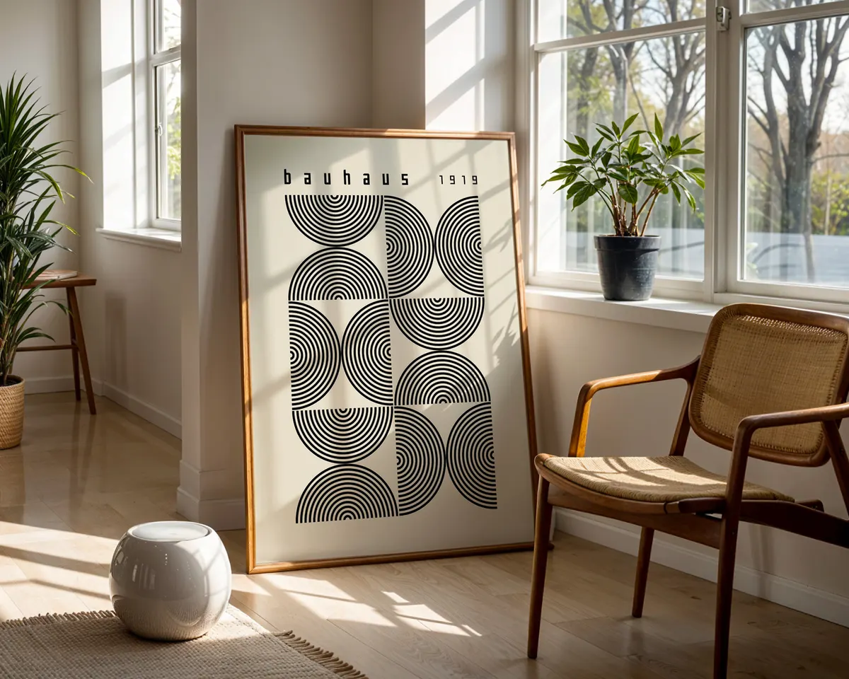 Minimalist Bauhaus poster with semicircle arch shapes in a clean precise geometric composition. — photo 5