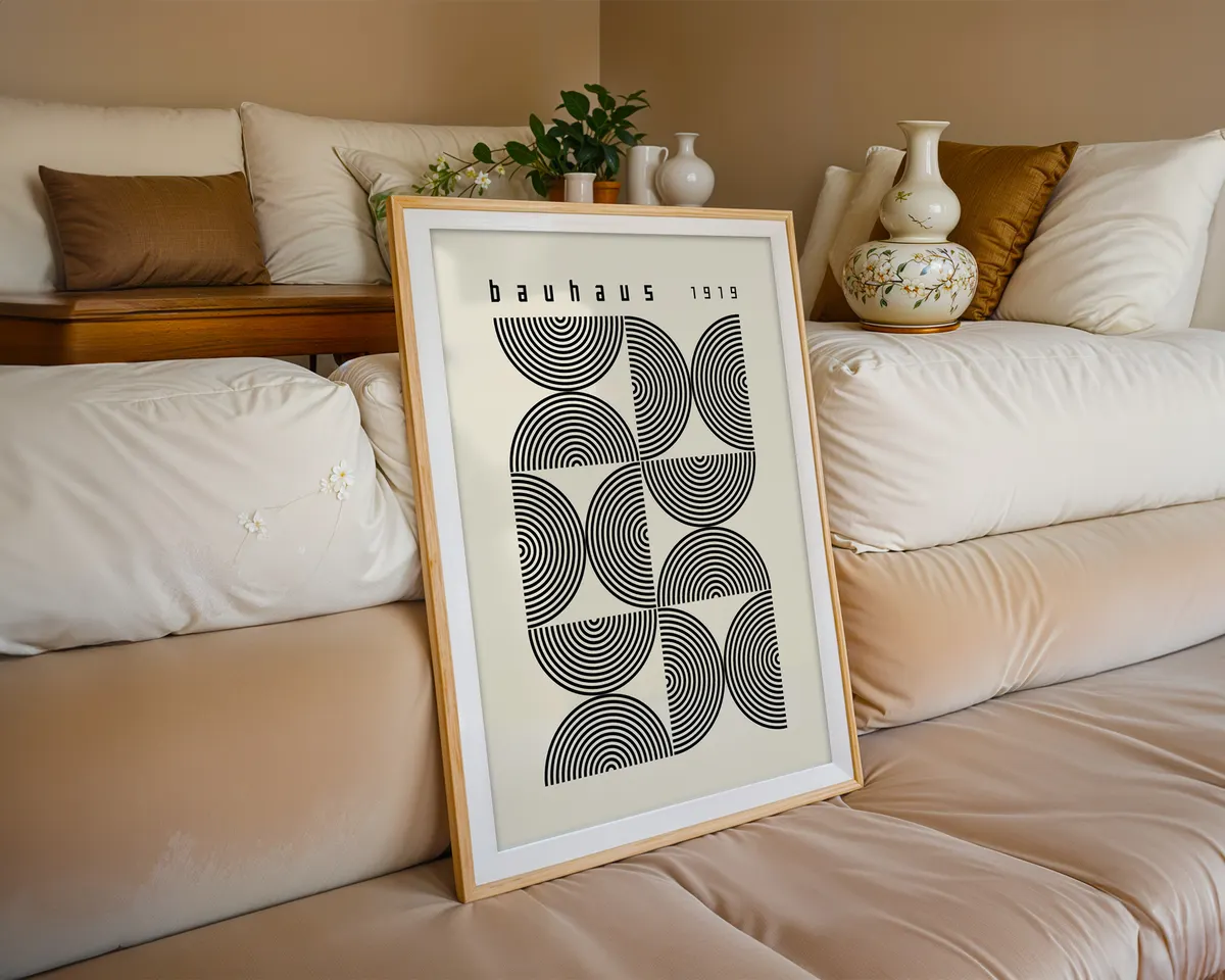 Minimalist Bauhaus poster with semicircle arch shapes in a clean precise geometric composition. — photo 6