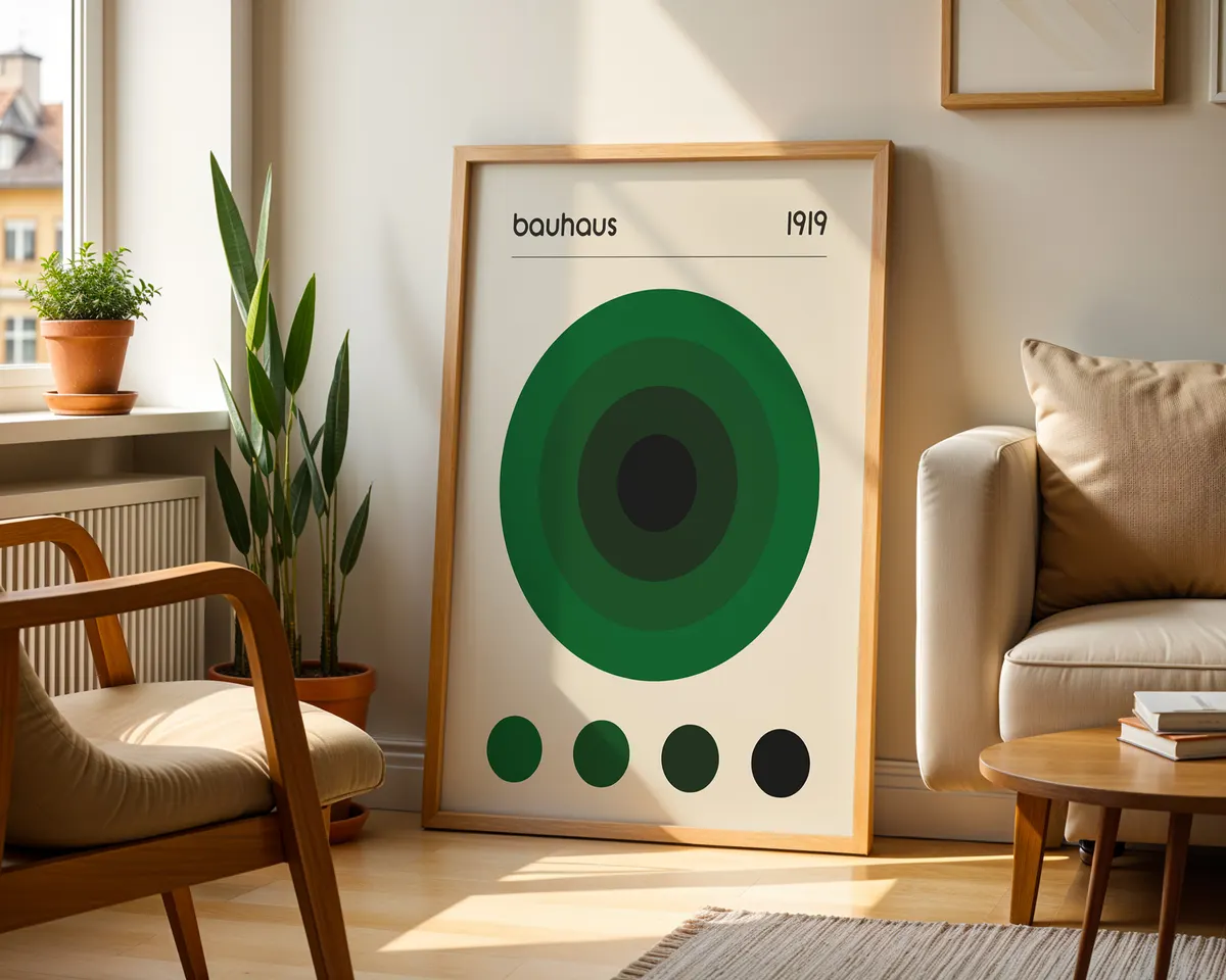 Minimalist Bauhaus poster with a single emerald green circle on a clean light background. — photo 2
