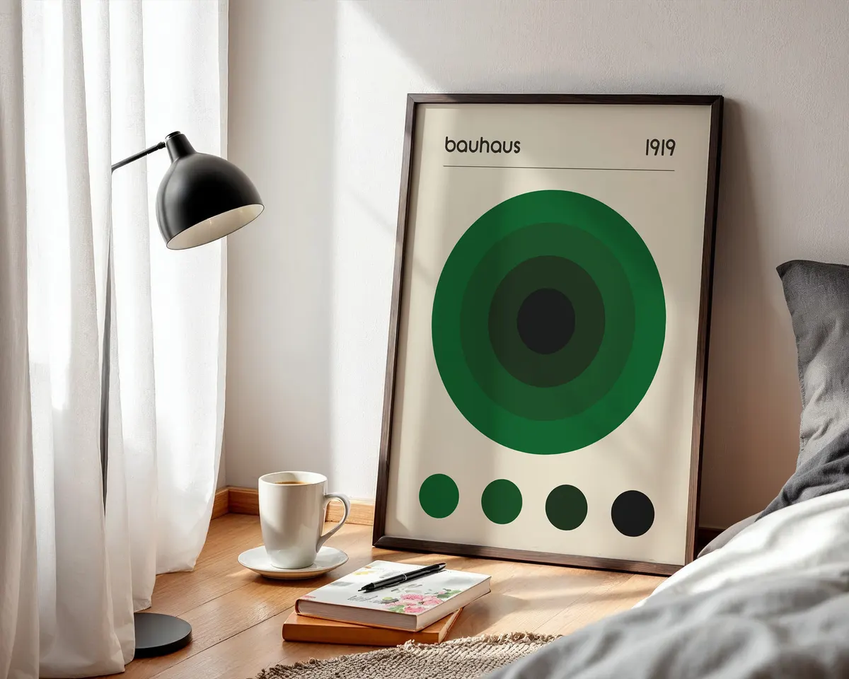 Minimalist Bauhaus poster with a single emerald green circle on a clean light background. — photo 3