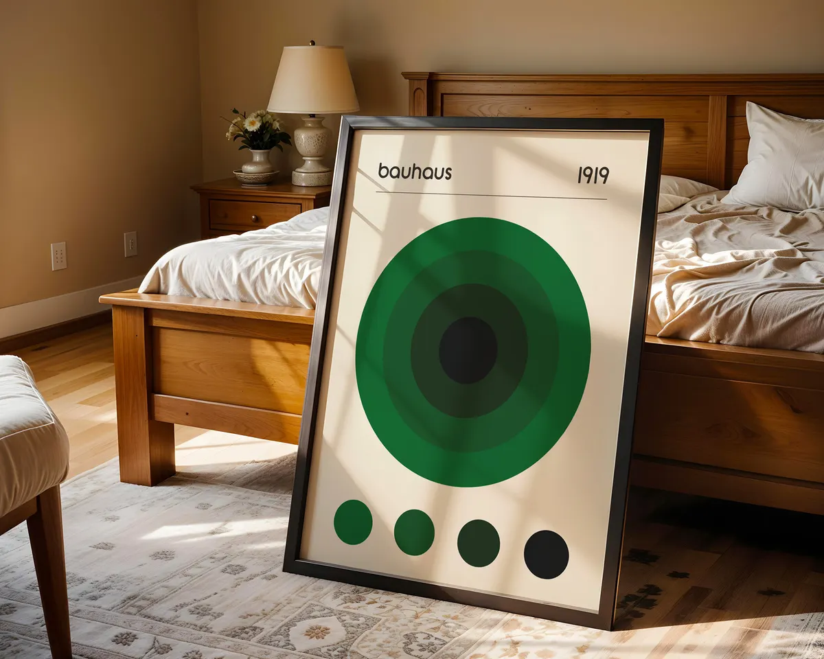 Minimalist Bauhaus poster with a single emerald green circle on a clean light background. — photo 4