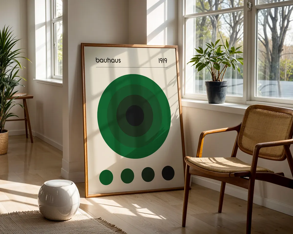 Minimalist Bauhaus poster with a single emerald green circle on a clean light background. — photo 5