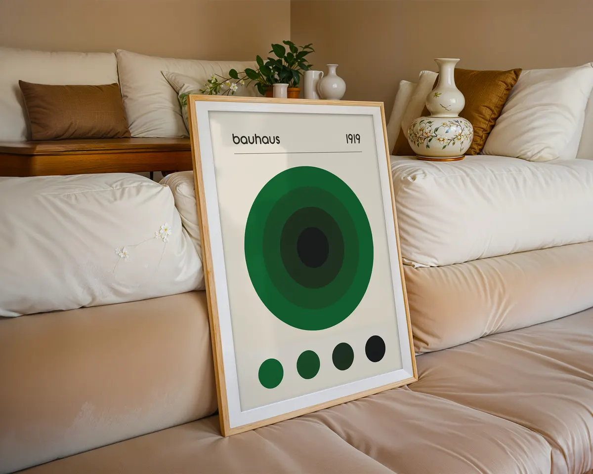 Minimalist Bauhaus poster with a single emerald green circle on a clean light background. — photo 6