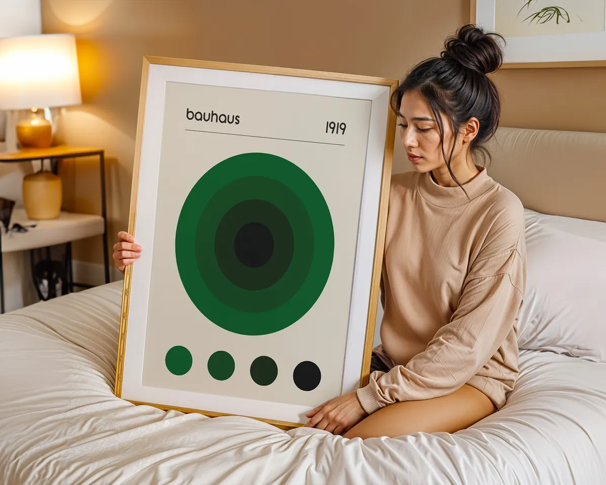 Minimalist Bauhaus poster with a single emerald green circle on a clean light background. — photo 7