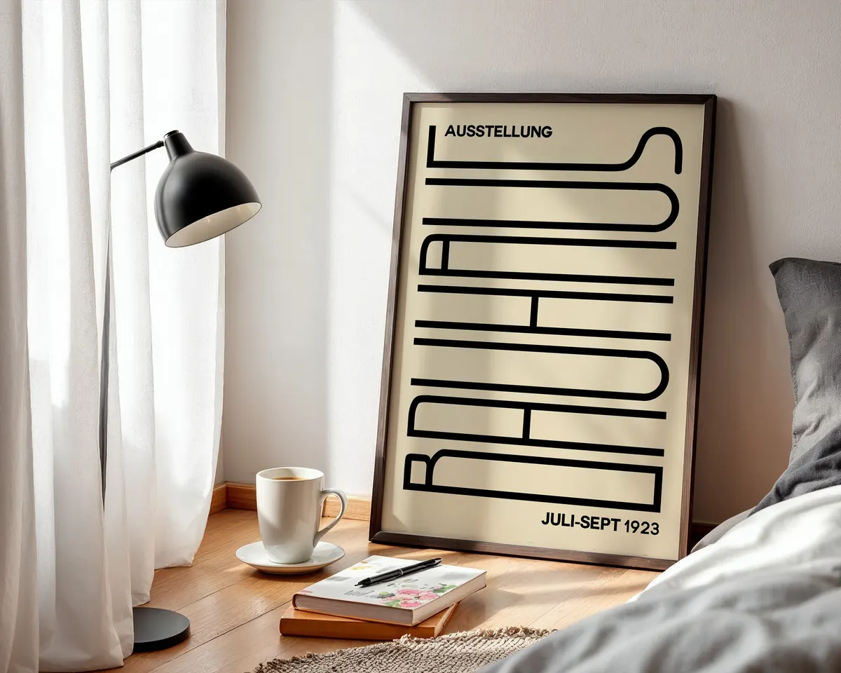 Warm Bauhaus style geometric poster in soft orange, beige and cream tones. — photo 3