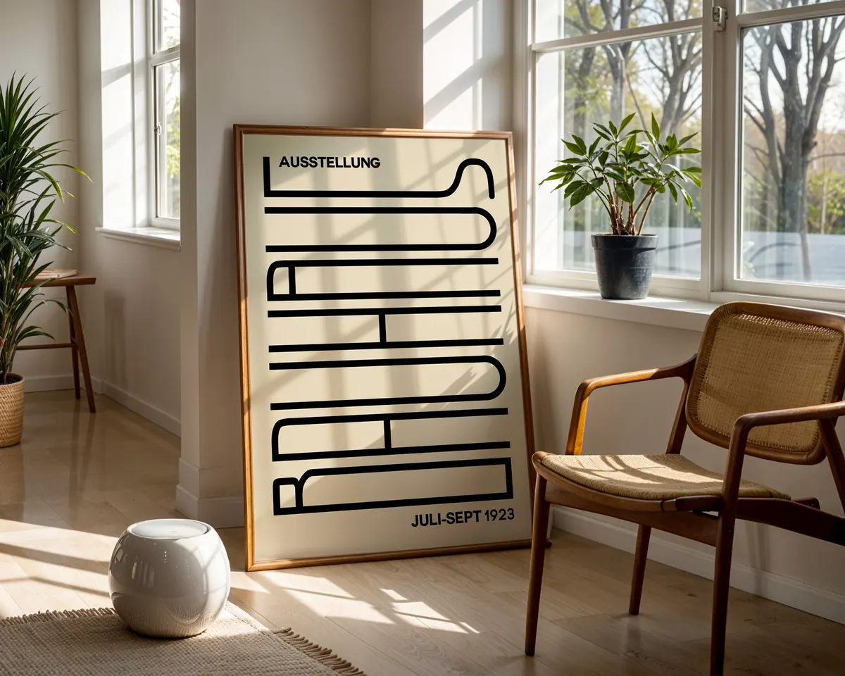 Warm Bauhaus style geometric poster in soft orange, beige and cream tones. — photo 5