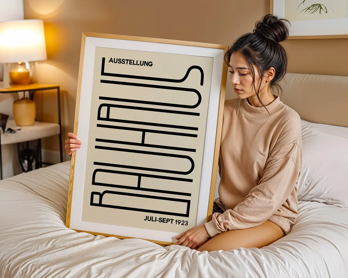 Warm Bauhaus style geometric poster in soft orange, beige and cream tones. — photo 7
