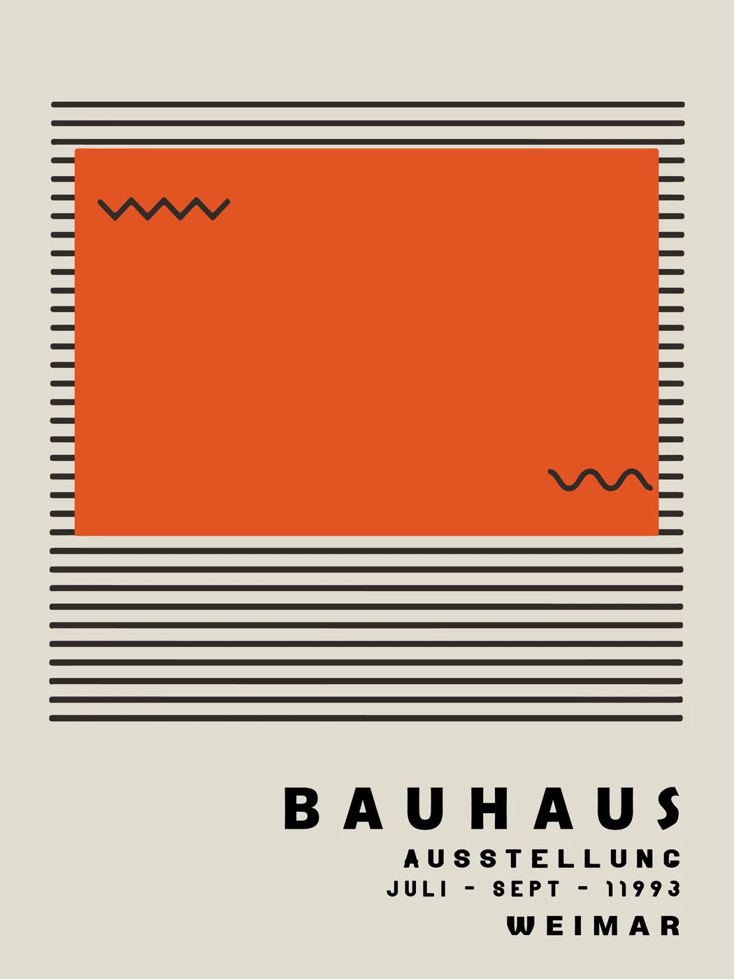 Bold Bauhaus style geometric poster in vibrant burnt orange with clean modernist shapes.