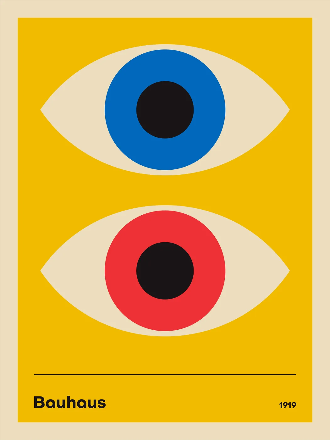 Surreal poster combining Bauhaus geometric eyes with a Banksy style monkey in an eclectic modern composition.