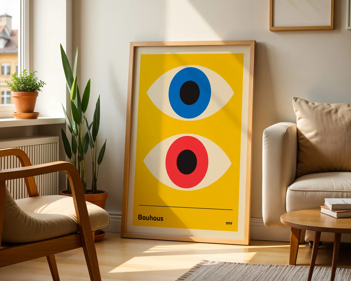 Surreal poster combining Bauhaus geometric eyes with a Banksy style monkey in an eclectic modern composition. — photo 2