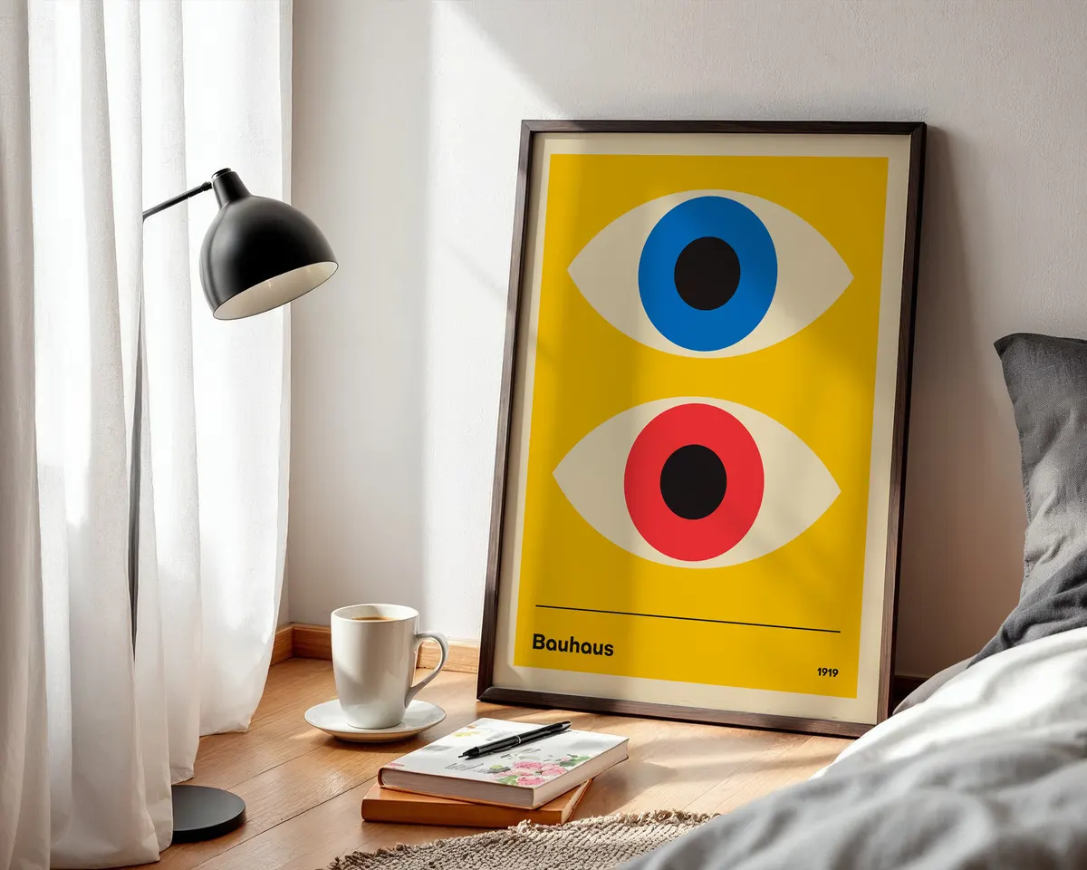 Surreal poster combining Bauhaus geometric eyes with a Banksy style monkey in an eclectic modern composition. — photo 3