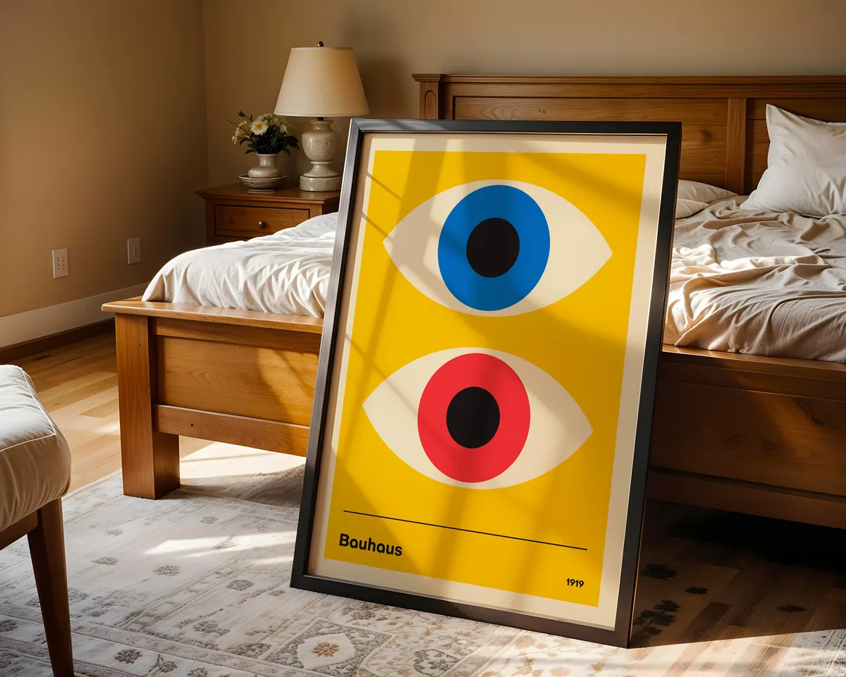Surreal poster combining Bauhaus geometric eyes with a Banksy style monkey in an eclectic modern composition. — photo 4