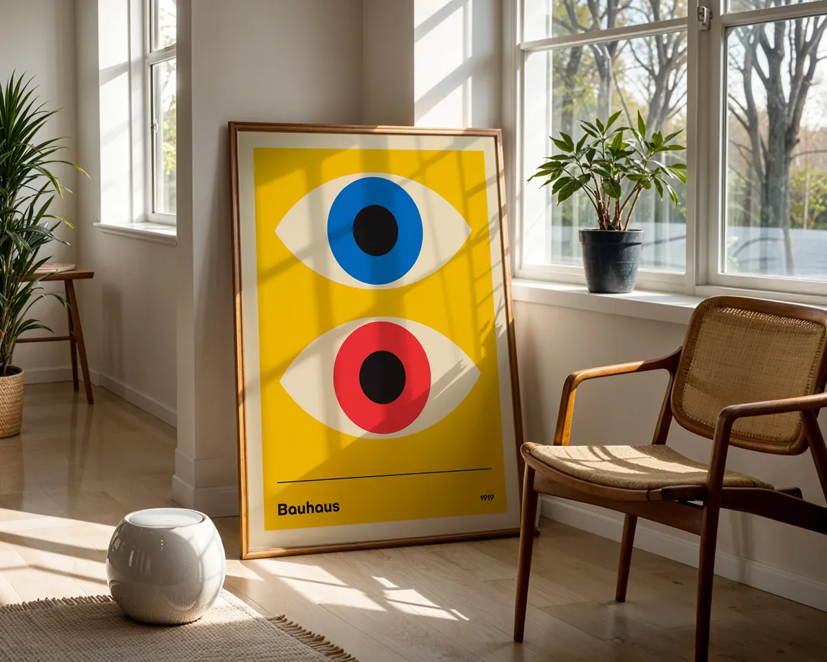 Surreal poster combining Bauhaus geometric eyes with a Banksy style monkey in an eclectic modern composition. — photo 5