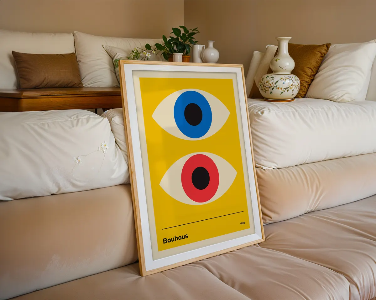 Surreal poster combining Bauhaus geometric eyes with a Banksy style monkey in an eclectic modern composition. — photo 6