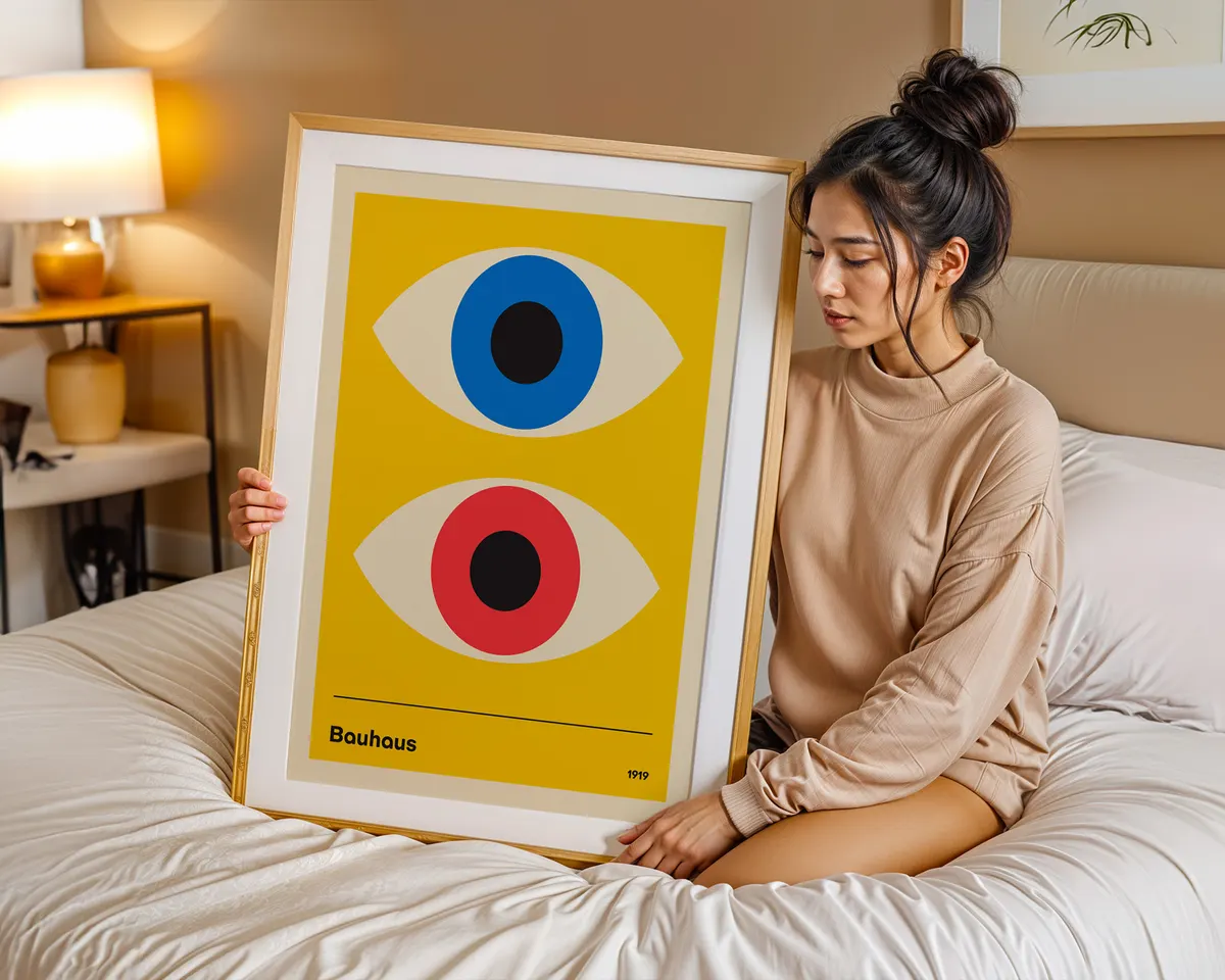 Surreal poster combining Bauhaus geometric eyes with a Banksy style monkey in an eclectic modern composition. — photo 7