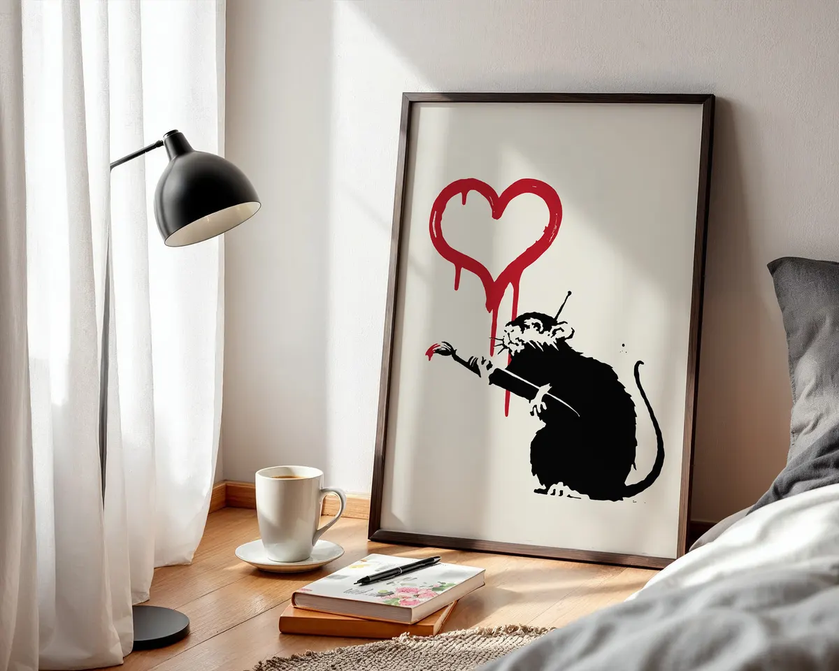 Banksy style street art poster of two rats in a tender urban romance composition. — photo 3