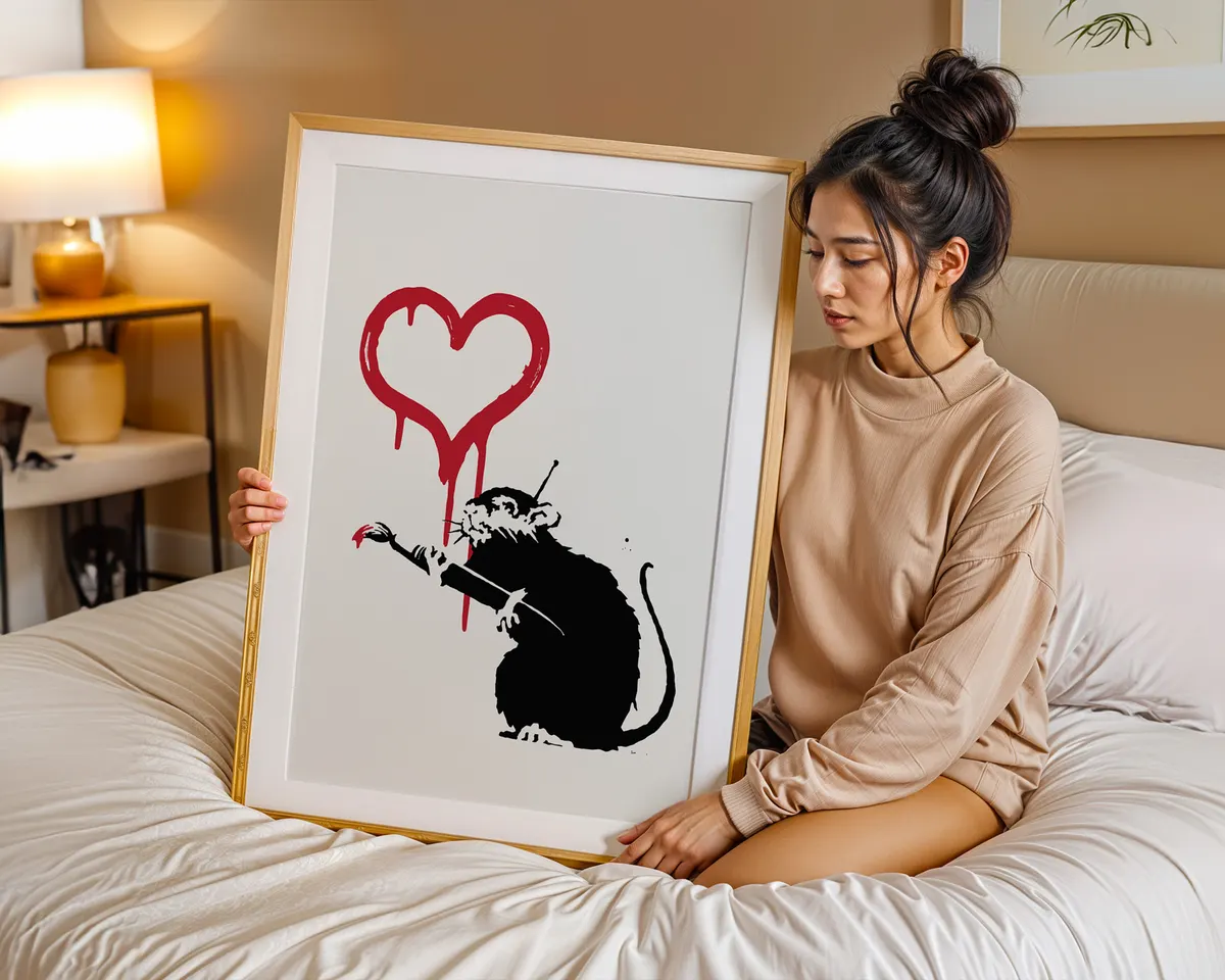 Banksy style street art poster of two rats in a tender urban romance composition. — photo 7