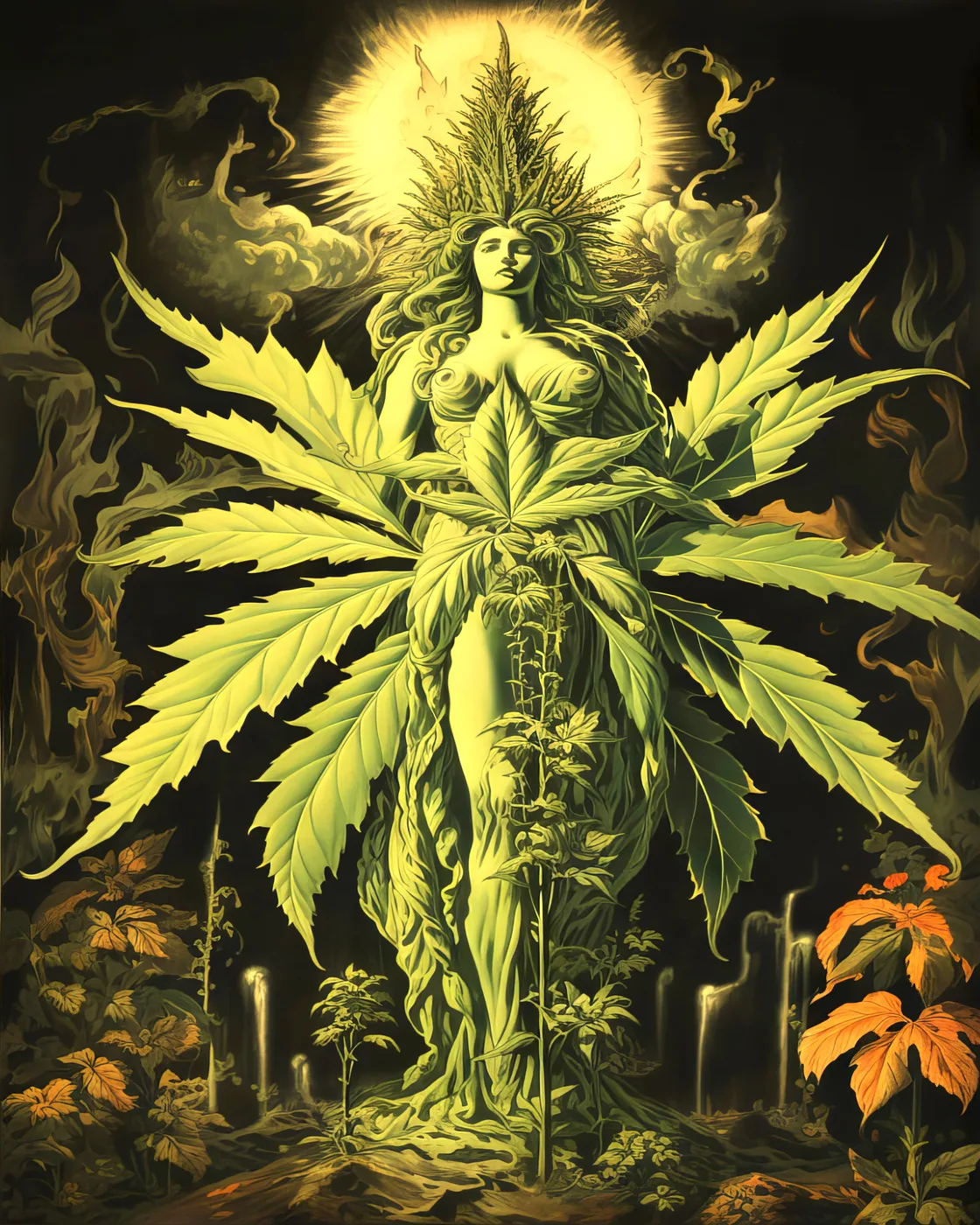 Psychedelic botanical poster of a goddess figure with lush cannabis imagery in rich vivid colours.