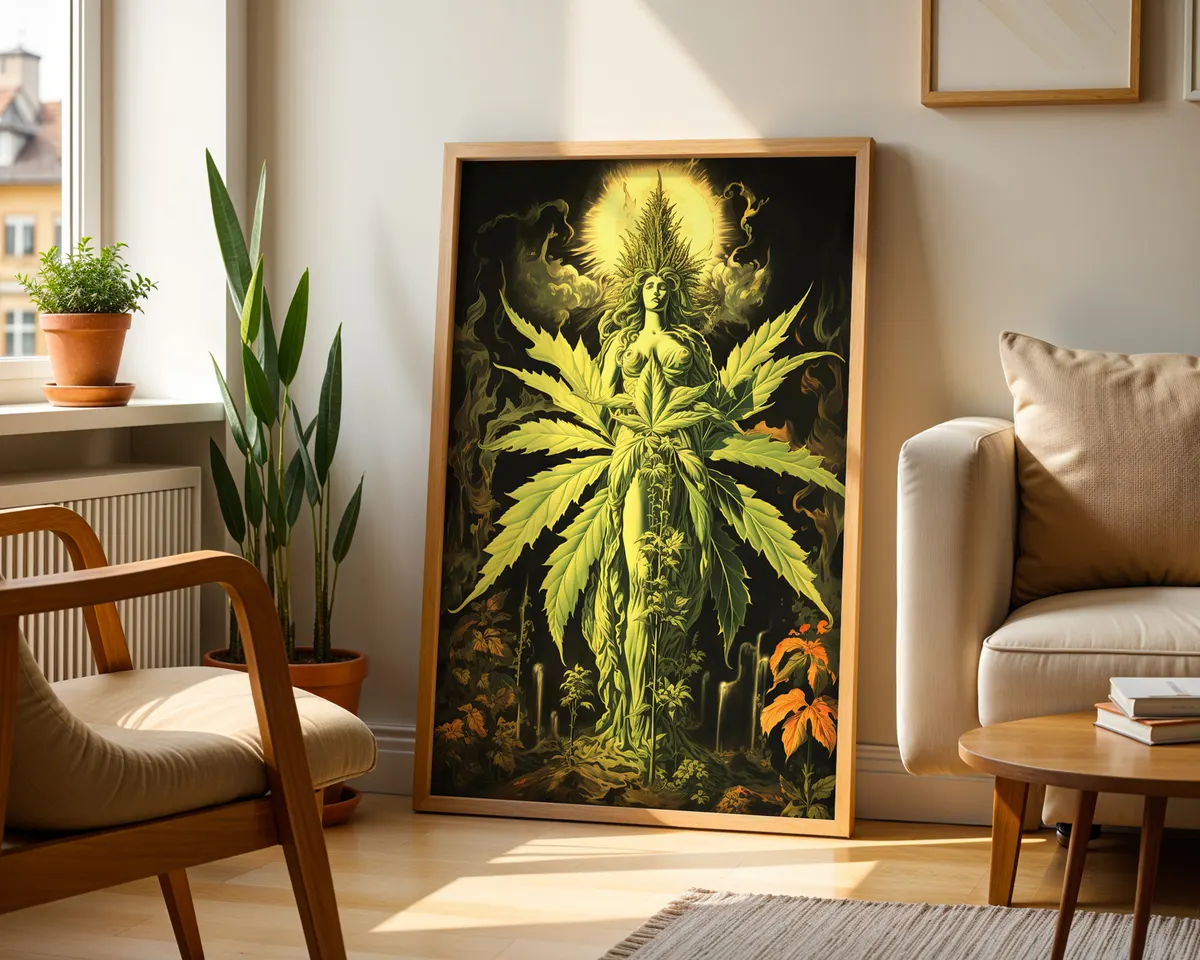 Psychedelic botanical poster of a goddess figure with lush cannabis imagery in rich vivid colours. — photo 2