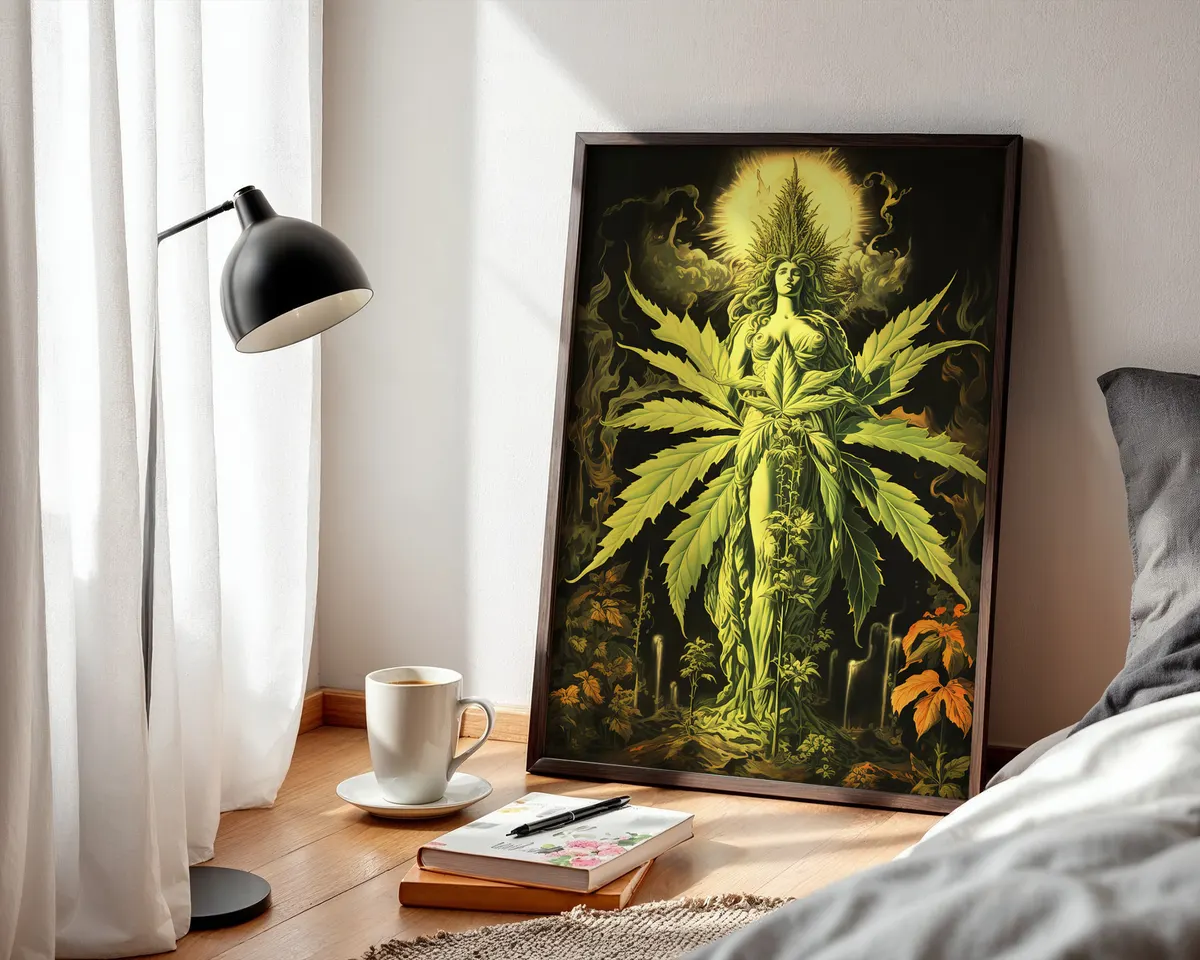 Psychedelic botanical poster of a goddess figure with lush cannabis imagery in rich vivid colours. — photo 3
