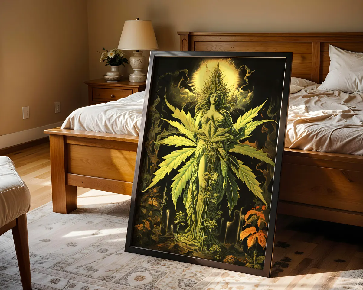 Psychedelic botanical poster of a goddess figure with lush cannabis imagery in rich vivid colours. — photo 4