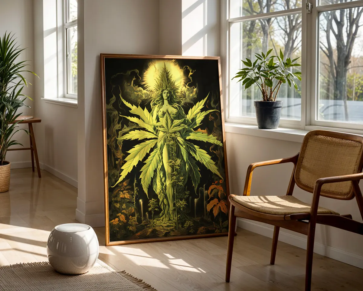 Psychedelic botanical poster of a goddess figure with lush cannabis imagery in rich vivid colours. — photo 5