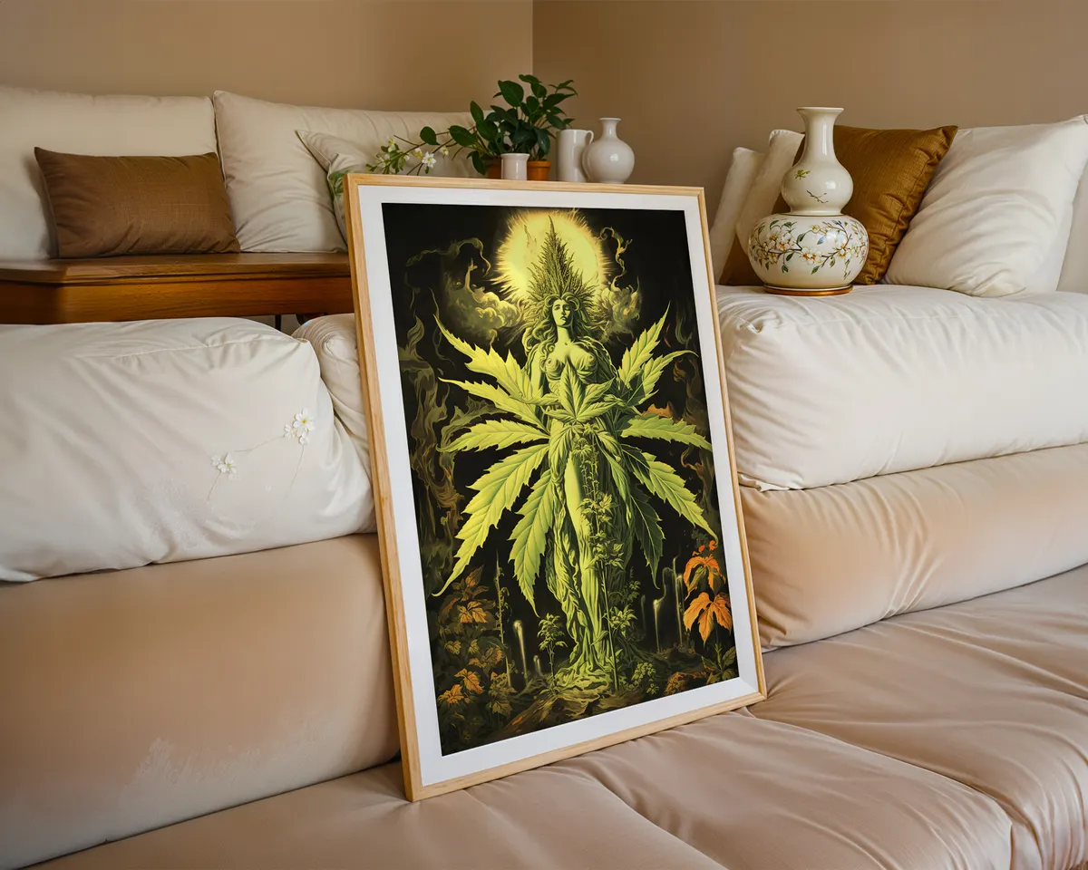 Psychedelic botanical poster of a goddess figure with lush cannabis imagery in rich vivid colours. — photo 6