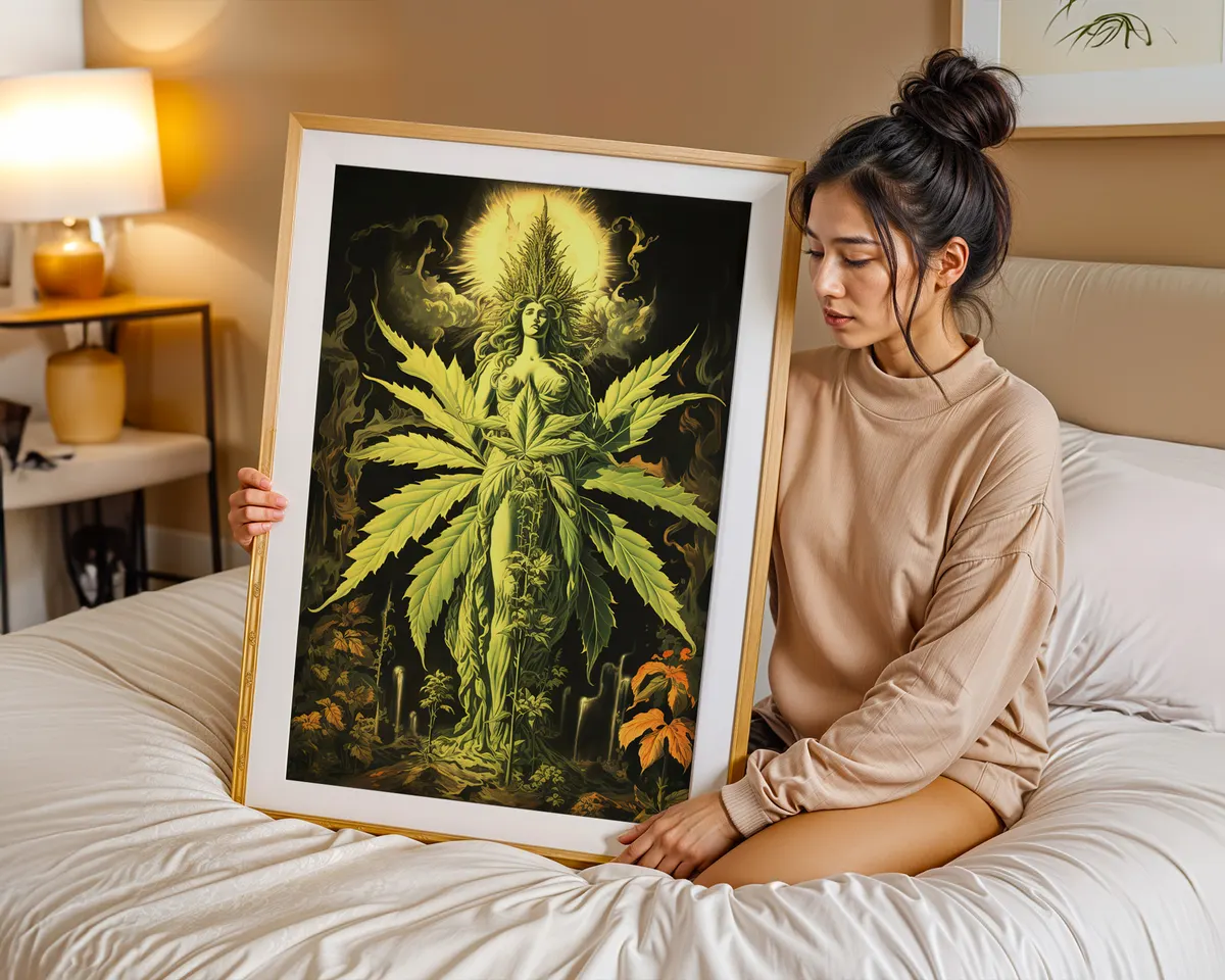 Psychedelic botanical poster of a goddess figure with lush cannabis imagery in rich vivid colours. — photo 7