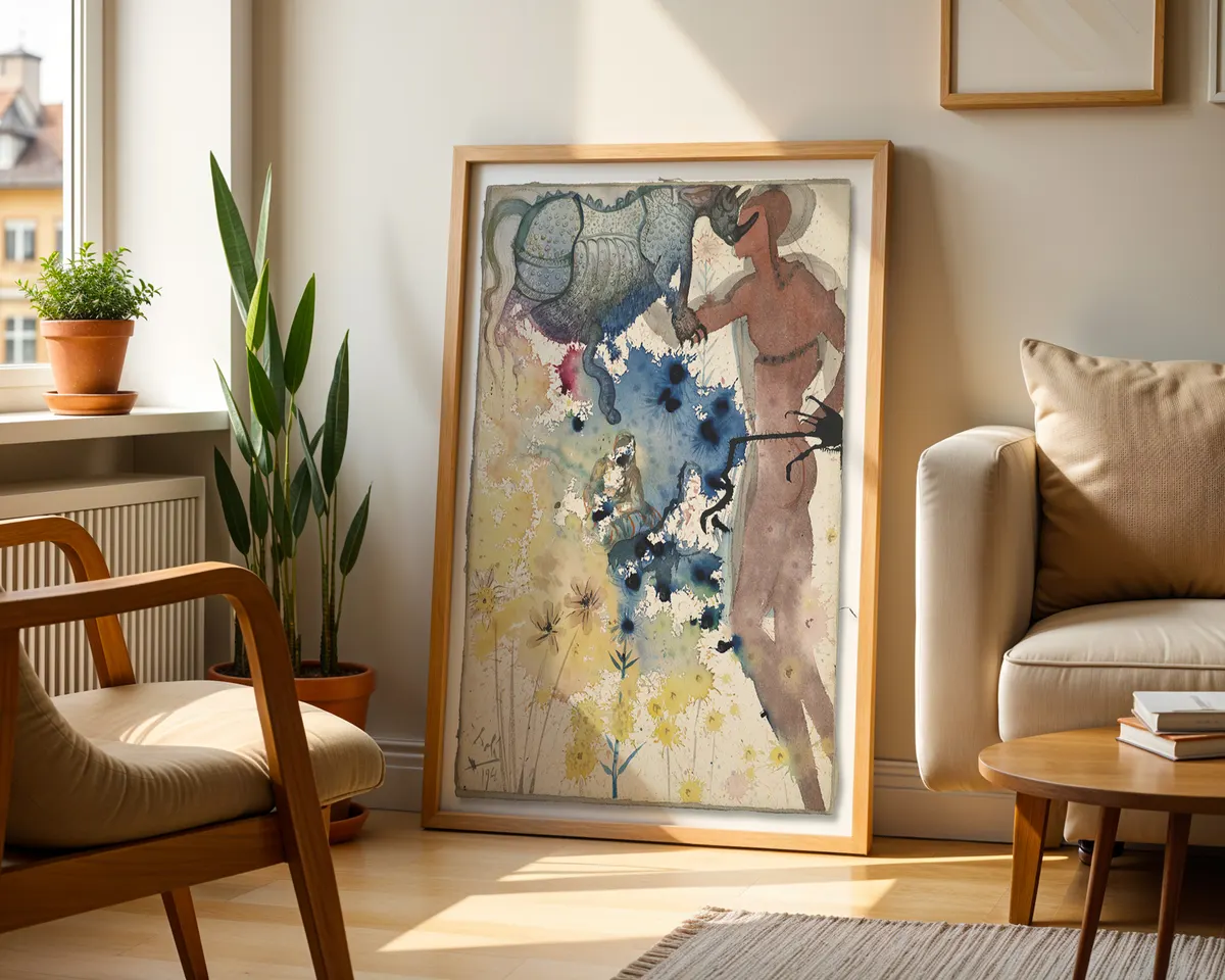 Salvador Dalí-inspired surrealist rhinoceros illustration poster print, warm surrealist colour and composition, geometric divine proportion obsession visual theme, Spanish Surrealism aesthetic movement, vivid fantastical illustration style, archival quality print, surrealist art collector wall piece, surrealism home décor statement, gallery art print, Dalí movement inspired gift, surrealist art history print. — photo 2