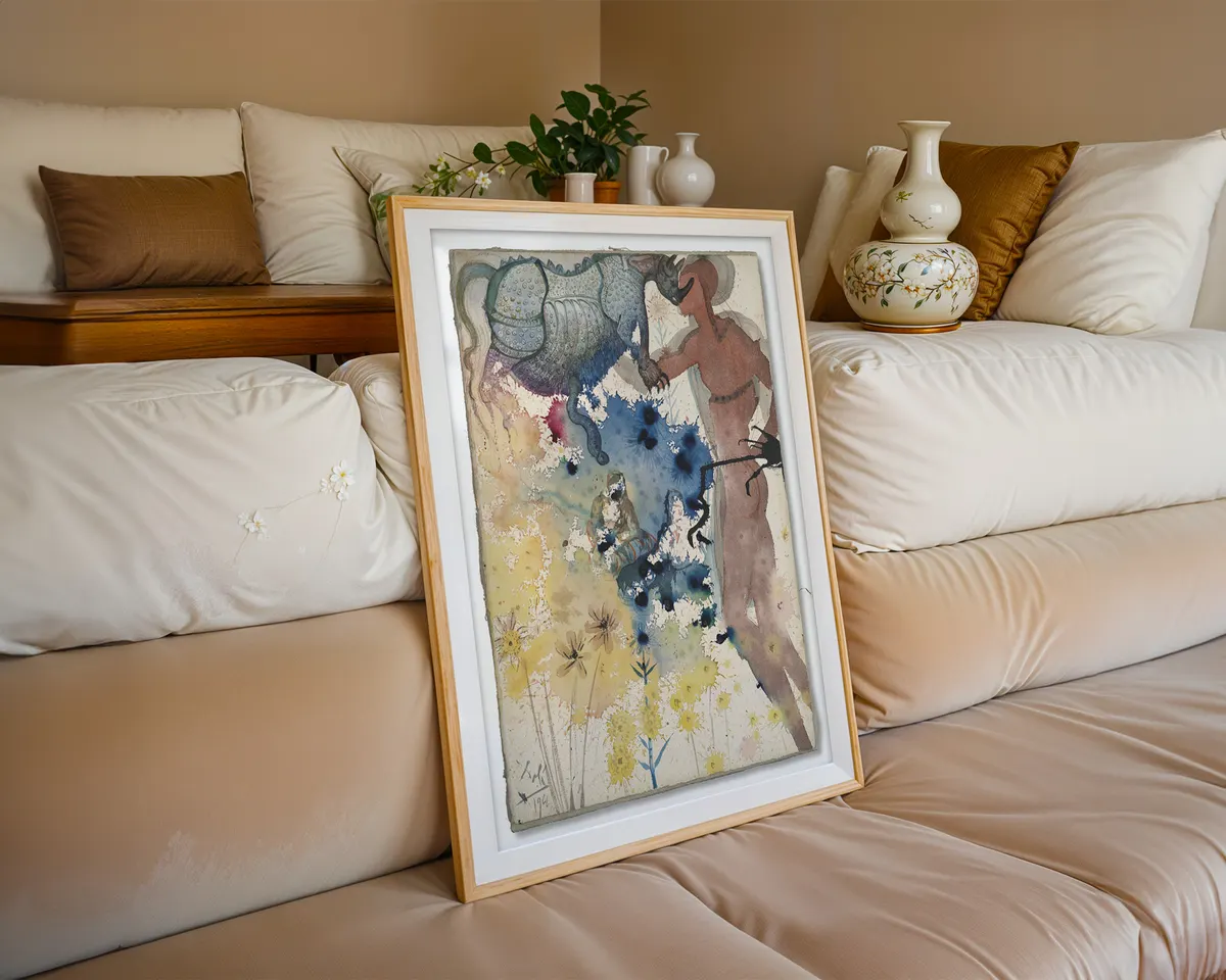 Salvador Dalí-inspired surrealist rhinoceros illustration poster print, warm surrealist colour and composition, geometric divine proportion obsession visual theme, Spanish Surrealism aesthetic movement, vivid fantastical illustration style, archival quality print, surrealist art collector wall piece, surrealism home décor statement, gallery art print, Dalí movement inspired gift, surrealist art history print. — photo 6