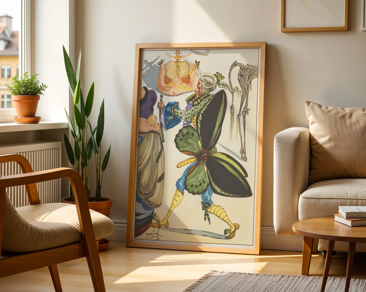 Salvador Dalí-inspired surrealist figure illustration poster print, Spanish literary and surrealist composition, warm vivid colour palette, Cervantes story visual language, fantastical illustrative style, archival quality print, surrealist art collector wall piece, Spanish surrealism home décor, gallery print gift, Dalí movement inspired art, surrealist illustration history print. — photo 2