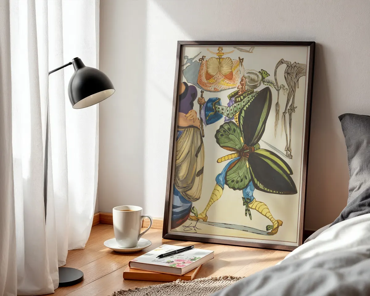 Salvador Dalí-inspired surrealist figure illustration poster print, Spanish literary and surrealist composition, warm vivid colour palette, Cervantes story visual language, fantastical illustrative style, archival quality print, surrealist art collector wall piece, Spanish surrealism home décor, gallery print gift, Dalí movement inspired art, surrealist illustration history print. — photo 3
