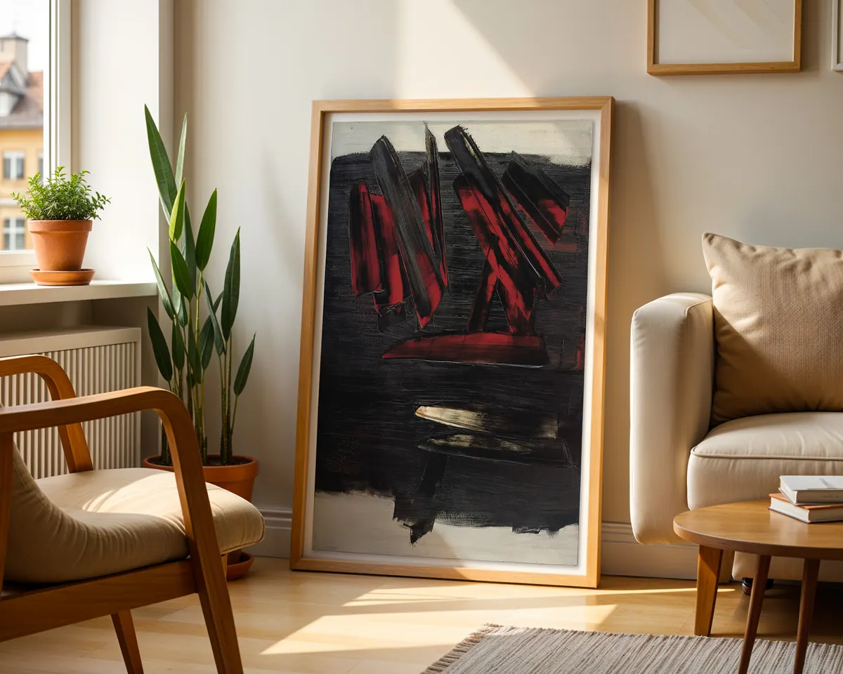 Pierre Soulages-inspired 1959 Outrenoir black abstract exhibition poster print, December 1959 specific dark composition, French post-war abstraction visual language, deep layered black surface with light beyond, archival quality print, Outrenoir collector wall piece, serious French abstract home décor, gallery exhibition statement, post-war art history print, collector art gift. — photo 2