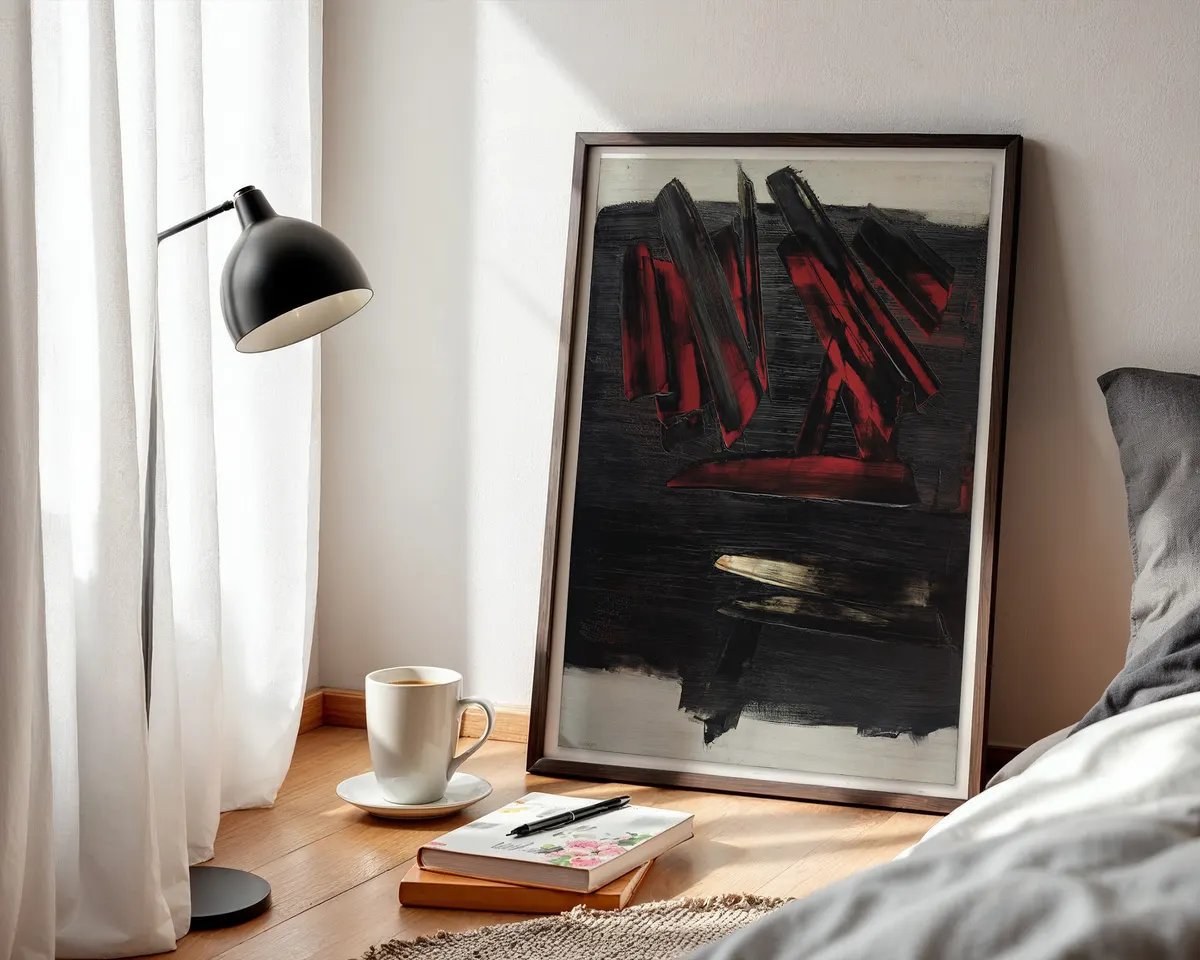 Pierre Soulages-inspired 1959 Outrenoir black abstract exhibition poster print, December 1959 specific dark composition, French post-war abstraction visual language, deep layered black surface with light beyond, archival quality print, Outrenoir collector wall piece, serious French abstract home décor, gallery exhibition statement, post-war art history print, collector art gift. — photo 3